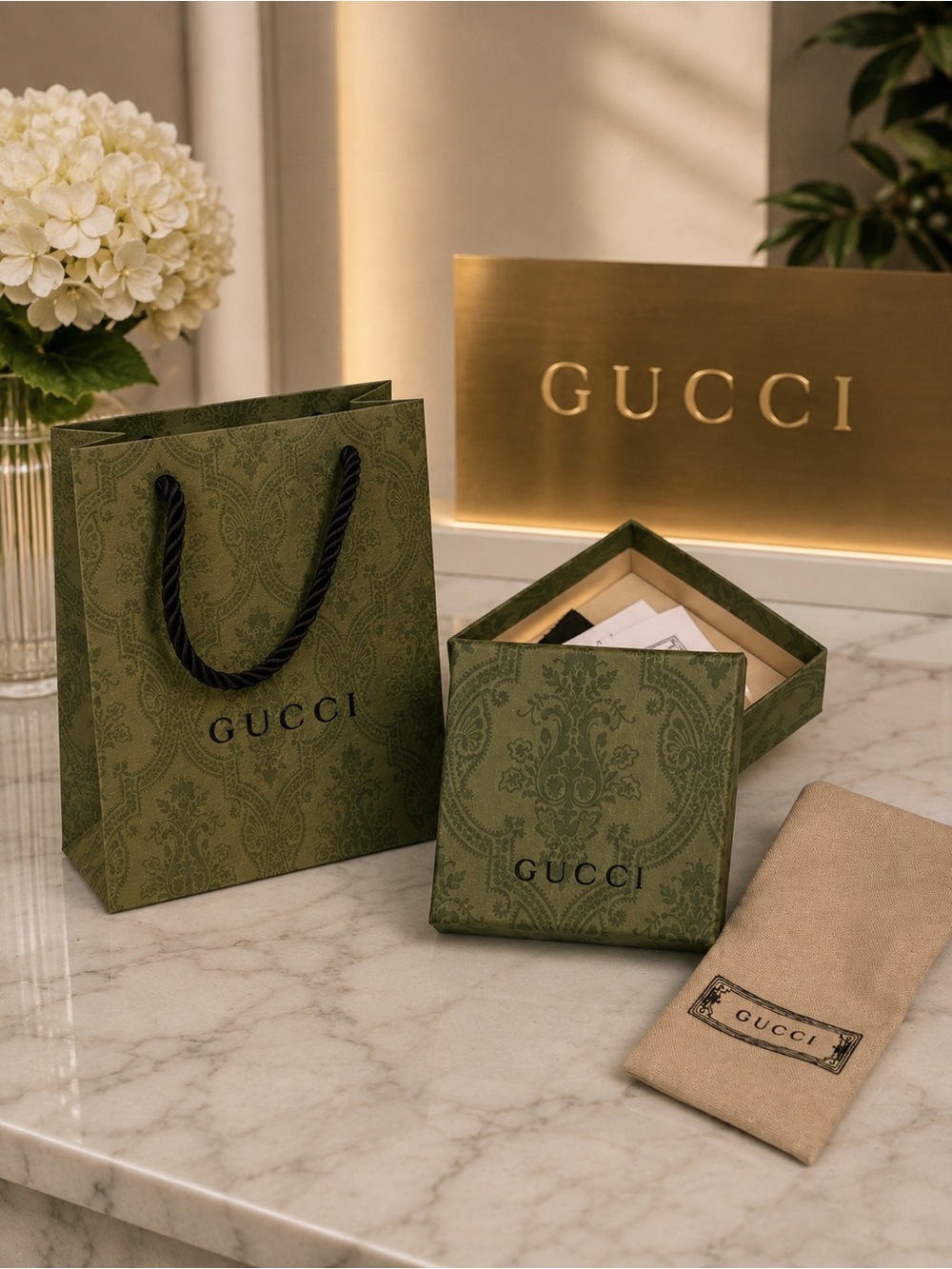 Gucci Green Patterned Gift Bag, Box & Dust Pouch Set
